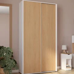 Armoire 2 portes coulissantes blanc et bois penderie 100 cm avec étagères rangement maxi capacité