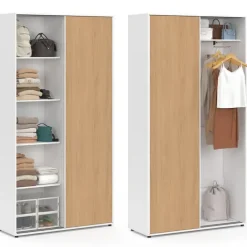 Armoire 2 portes coulissantes blanc et bois penderie 100 cm avec étagères rangement maxi capacité