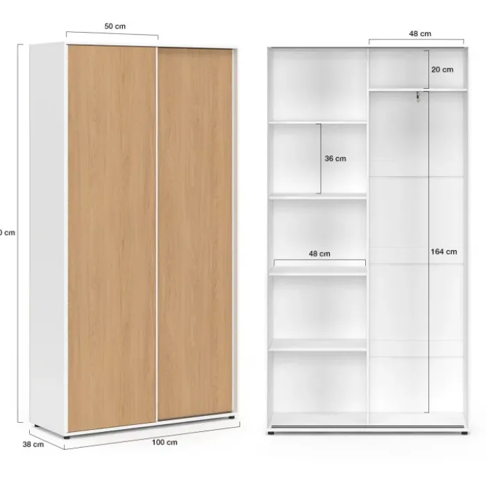 Armoire 2 portes coulissantes blanc et bois penderie 100 cm avec étagères rangement maxi capacité