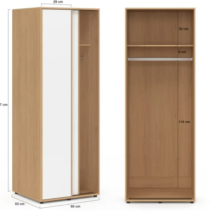 Armoire 2 portes coulissantes SLIDEA bois et blanc 60 cm penderie avec étagère