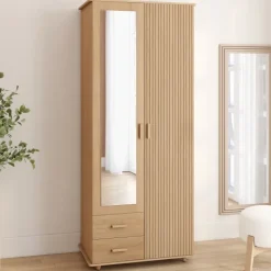 Armoire 2 portes effet lattes tasseau bois penderie 80 cm avec 2 tiroirs, miroir et étagères