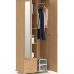 Armoire 2 portes effet lattes tasseau bois penderie 80 cm avec 2 tiroirs, miroir et étagères