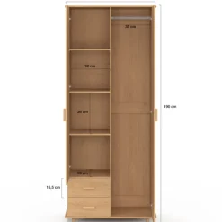 Armoire 2 portes effet lattes tasseau bois penderie 80 cm avec 2 tiroirs, miroir et étagères
