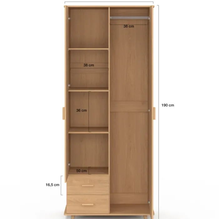 Armoire 2 portes effet lattes tasseau bois penderie 80 cm avec 2 tiroirs, miroir et étagères