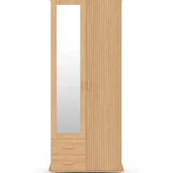Armoire 2 portes effet lattes tasseau bois penderie 80 cm avec 2 tiroirs, miroir et étagères
