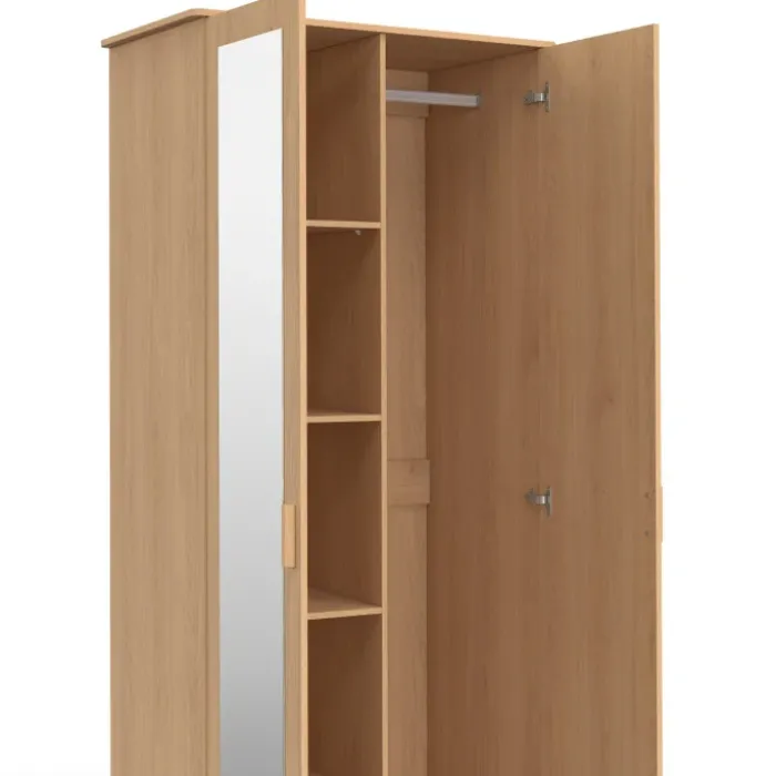 Armoire 2 portes effet lattes tasseau bois penderie 80 cm avec 2 tiroirs, miroir et étagères