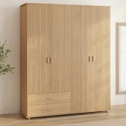 Armoire 4 portes effet lattes tasseau bois coloris chêne penderie 160 cm avec 2 tiroirs et étagères
