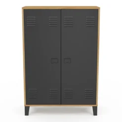 Armoire basse industrielle 2 portes métal noir et contour bois