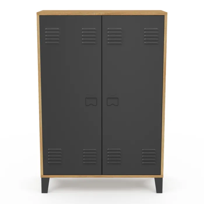 Armoire basse industrielle 2 portes métal noir et contour bois