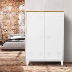 Armoire basse industrielle 2 portes métal noir et plateau bois