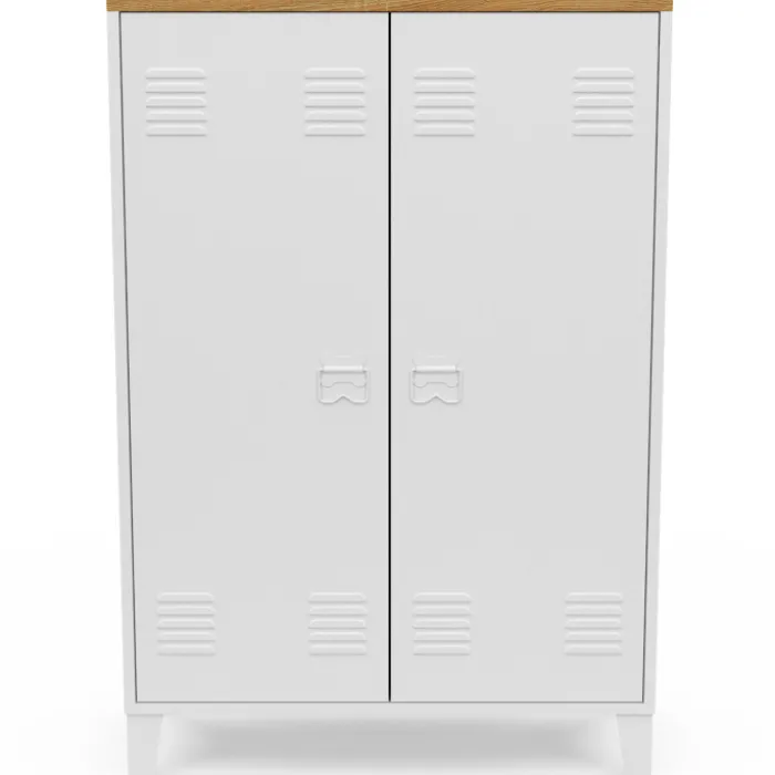 Armoire basse industrielle 2 portes métal noir et plateau bois