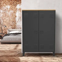 Armoire basse industrielle 2 portes métal noir et plateau bois