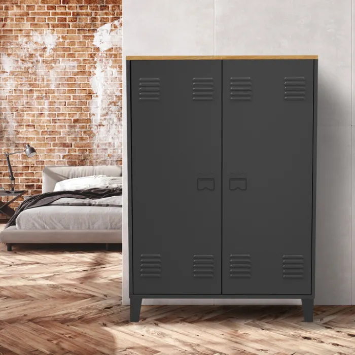 Armoire basse industrielle 2 portes métal noir et plateau bois