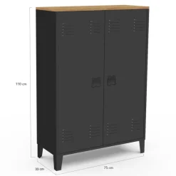 Armoire basse industrielle 2 portes métal noir et plateau bois
