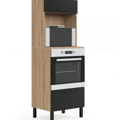 Armoire colonne de cuisine four/micro-ondes 60 cm CINA 2 portes noir et façon hêtre
