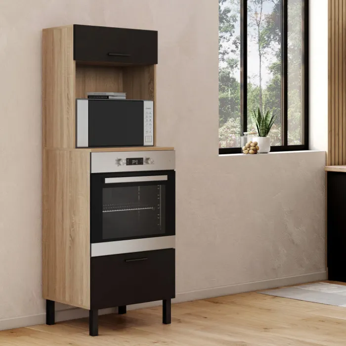 Armoire colonne de cuisine four/micro-ondes 60 cm CINA 2 portes noir et façon hêtre