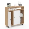 Armoire d'appoint meuble de rangement à roulettes salle de bain structure hêtre plateau blanc