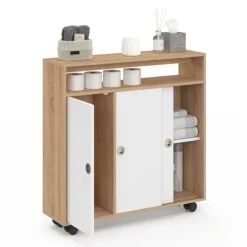 Armoire d'appoint meuble de rangement à roulettes salle de bain structure hêtre plateau blanc