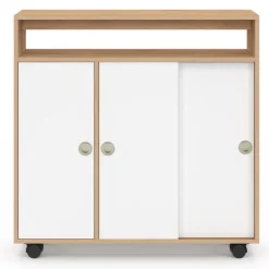 Armoire d'appoint meuble de rangement à roulettes salle de bain structure hêtre plateau blanc