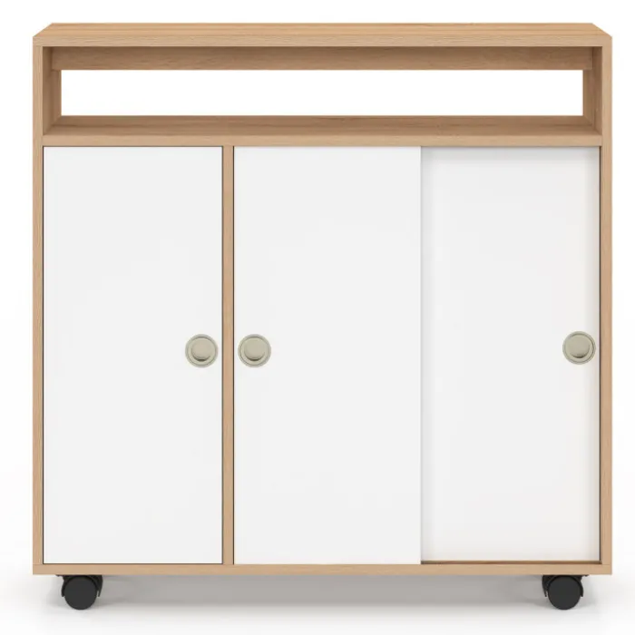 Armoire d'appoint meuble de rangement à roulettes salle de bain structure hêtre plateau blanc
