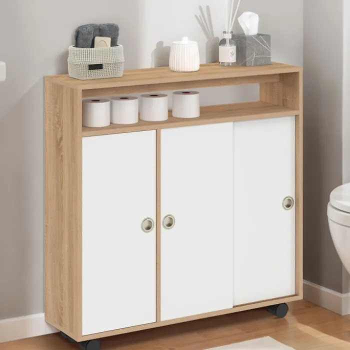 Armoire d'appoint meuble de rangement à roulettes salle de bain structure hêtre plateau blanc