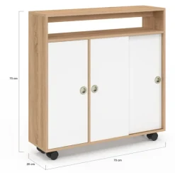 Armoire d'appoint meuble de rangement à roulettes salle de bain structure hêtre plateau blanc