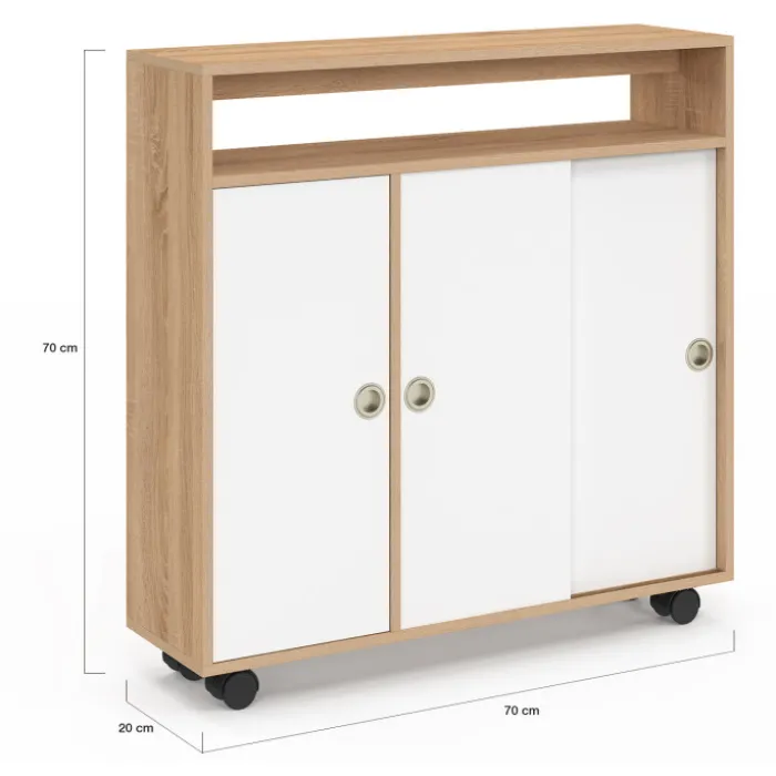 Armoire d'appoint meuble de rangement à roulettes salle de bain structure hêtre plateau blanc