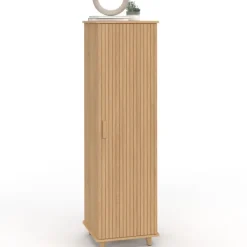 Armoire de rangement 1 porte 3 étagères effet lattes tasseau bois coloris chêne