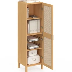Armoire de rangement 1 porte 3 étagères bois et cannage