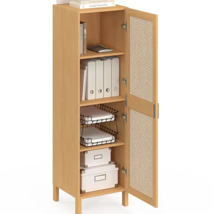 Armoire de rangement 1 porte 3 étagères bois et cannage