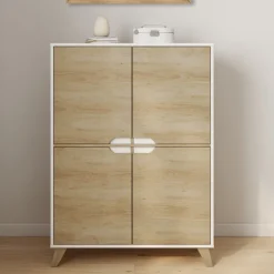 Armoire de rangement scandinave avec 4 portes blanc et bois