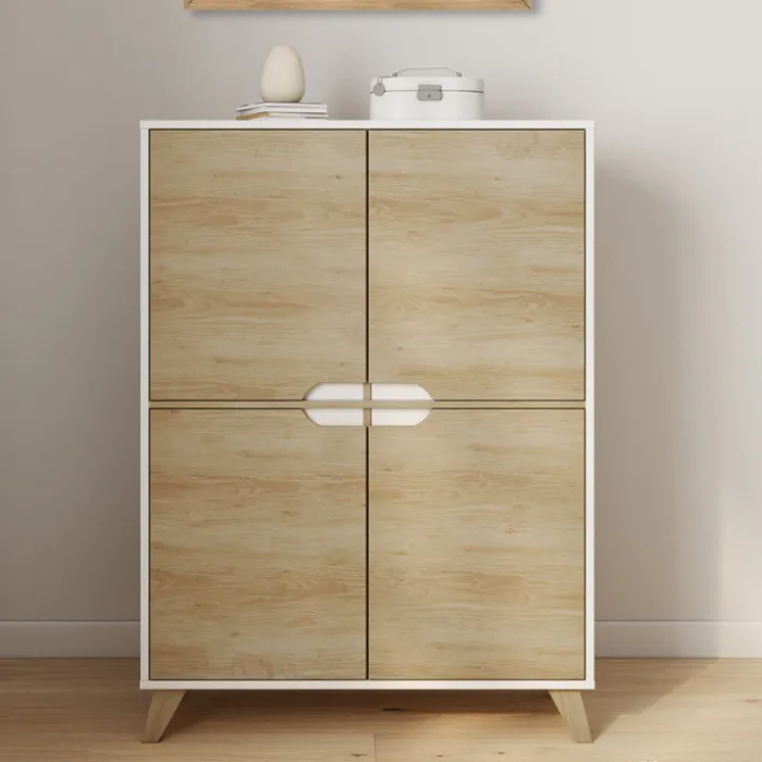 Armoire de rangement scandinave avec 4 portes blanc et bois
