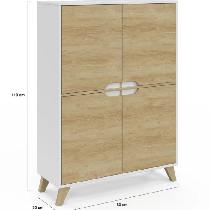 Armoire de rangement scandinave avec 4 portes blanc et bois