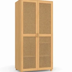 Armoire dressing de 80 cm avec 2 portes en cannage et une penderie avec étagères