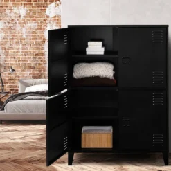Armoire noire et bois avec 4 portes métalliques