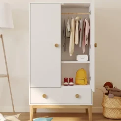 Armoire penderie 2 portes et 1 tiroir pour enfant blanc et bois design scandinave