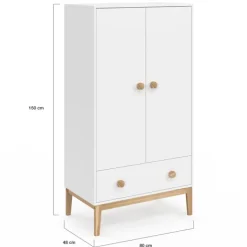 Armoire penderie 2 portes et 1 tiroir pour enfant blanc et bois design scandinave