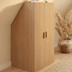 Armoire sous pente 2 portes 60 x 50 x 70/110 cm effet lattes tasseau bois coloris chêne