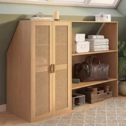 Armoire sous pente 2 portes 60 x 50 x 70/110 cm bois et cannage