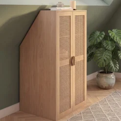 Armoire sous pente 2 portes 60 x 50 x 70/110 cm bois et cannage
