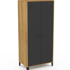 Armoire vestiaire penderie métal noir et bois avec 2 portes