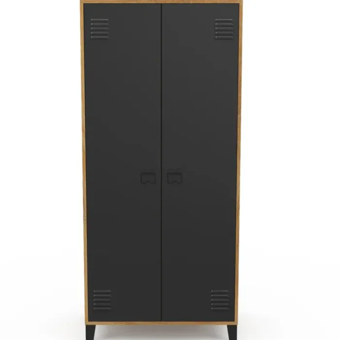 Armoire vestiaire penderie métal noir et bois avec 2 portes