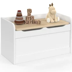 Banc coffre de rangement enfant 60 cm en bois blanc et hêtre