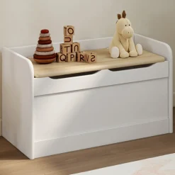 Banc coffre de rangement enfant 60 cm en bois blanc et hêtre