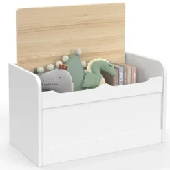 Banc coffre de rangement enfant 60 cm en bois blanc et hêtre