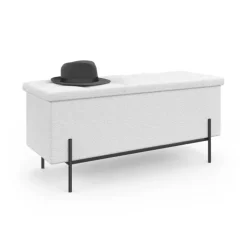 Banc coffre rangement pieds métal noir 100 cm tissu bouclette blanc