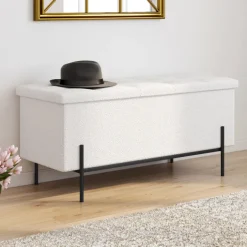 Banc coffre rangement pieds métal noir 100 cm tissu bouclette blanc
