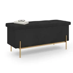 Banc de rangement velours noir avec pieds métal doré 100 cm