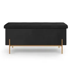Banc de rangement velours noir avec pieds métal doré 100 cm