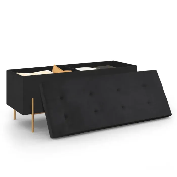 Banc de rangement velours noir avec pieds métal doré 100 cm
